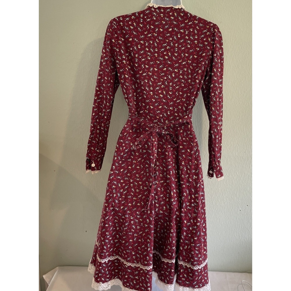 1970s Gunne Sax Prairie Dress Red Calico Floral Long Sleeve Midi Cottage Sz 9/10 - Picture 7 of 11